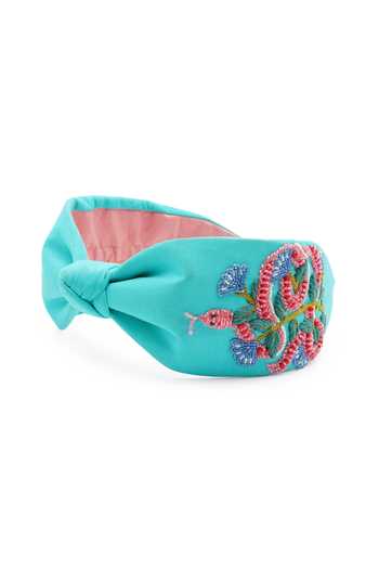 APT FOREVER_Turquoise Embroidery, Beads, Rhinestones Serpent Slink Cotton Headband _at_Aza_Fashions
