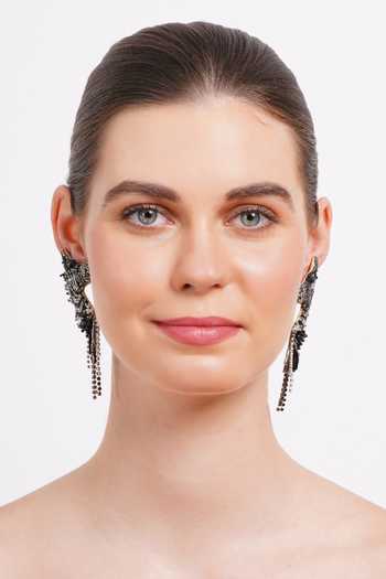 APT FOREVER_Black Zen Zebra Handwork Beaded Long Drop Earrings _at_Aza_Fashions