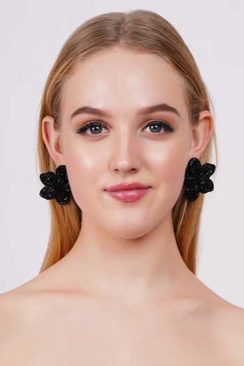 APT FOREVER_Black Petalia Bloom Handmade Earrings _at_Aza_Fashions