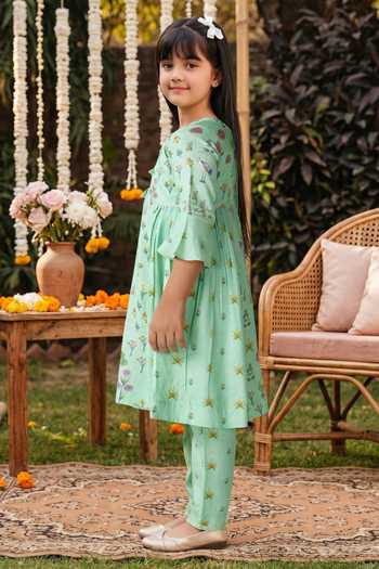Petite Pomme_Green Viscose, Muslin Floral Print Anarkali Set _Online_at_Aza_Fashions
