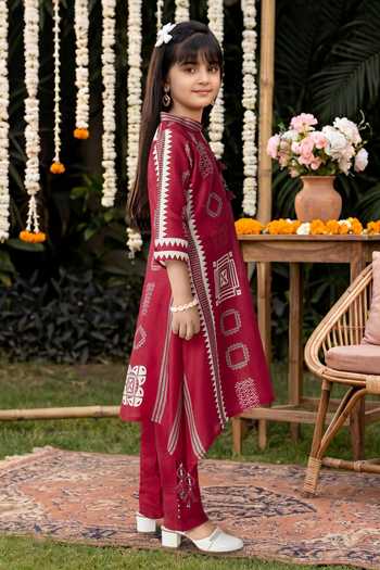 Petite Pomme_Red Silk Geometric Print Kurta And Pant Set _Online_at_Aza_Fashions