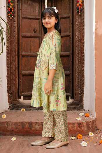 Petite Pomme Green Muslin Floral Print Anarkali And Pant Set Online at Aza Fashions Petite Pomme_Green Muslin Floral Print Anarkali And Pant Set _Online_at_Aza_Fashions