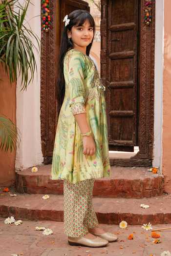 Buy Petite Pomme Green Muslin Floral Print Anarkali And Pant Set Online at Aza Fashions Buy_Petite Pomme_Green Muslin Floral Print Anarkali And Pant Set _Online_at_Aza_Fashions
