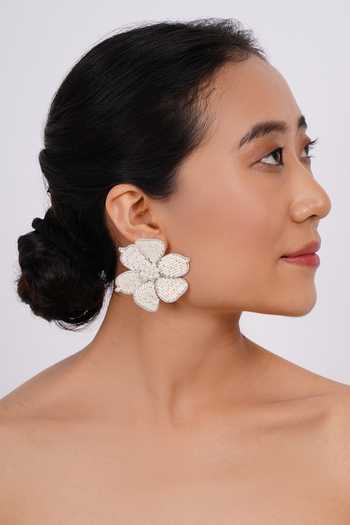 APT FOREVER_White Petalux Gem Embellished Earrings _at_Aza_Fashions