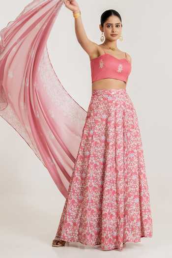 Buy_Pasha India_Pink Satin Square Neck Floral Print Lehenga Set 