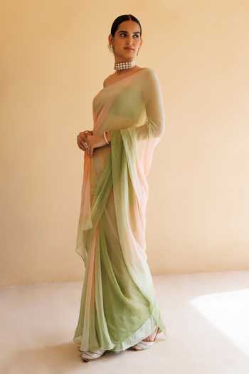 Buy_Geroo Jaipur_Green Chiffon Bandeau Neck Pre-draped Saree With Blouse 