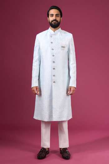 Arihant Rai Sinha_Sky Blue Jacquard, Silk, Dupion Pattern Sherwani And Pant Set _Online_at_Aza_Fashions