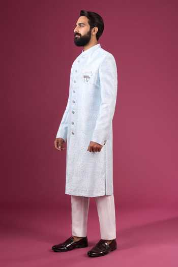 Buy_Arihant Rai Sinha_Sky Blue Jacquard, Silk, Dupion Pattern Sherwani And Pant Set _Online_at_Aza_Fashions