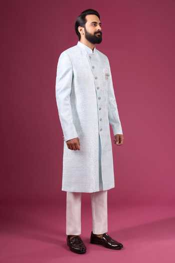 Shop_Arihant Rai Sinha_Sky Blue Jacquard, Silk, Dupion Pattern Sherwani And Pant Set _Online_at_Aza_Fashions