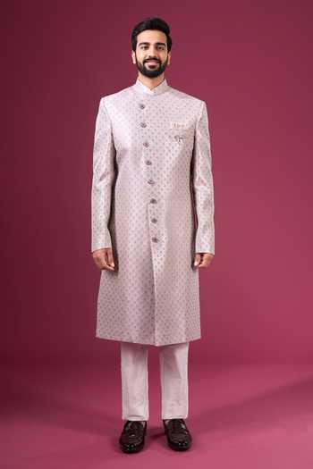 Shop_Arihant Rai Sinha_Purple Jacquard, Silk, Dupion Sherwani And Pant Set _Online_at_Aza_Fashions