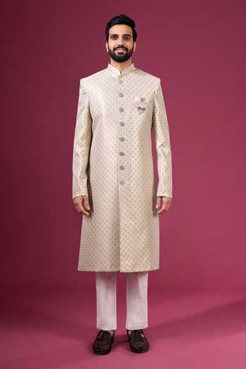 Arihant Rai Sinha_Pink Jacquard, Silk Sherwani And Pant Set _Online_at_Aza_Fashions