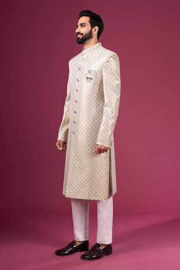 Shop_Arihant Rai Sinha_Pink Jacquard, Silk Sherwani And Pant Set _Online_at_Aza_Fashions