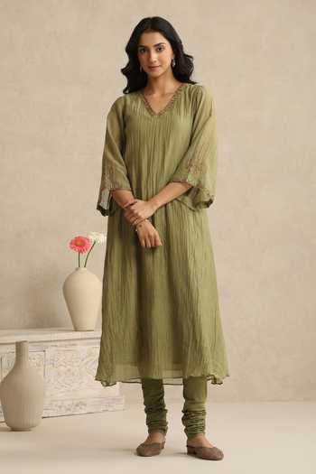 Weaver Story_Olive Green Chanderi V-neck, Yes Placement Embroidered Kurta Set _at_Aza_Fashions