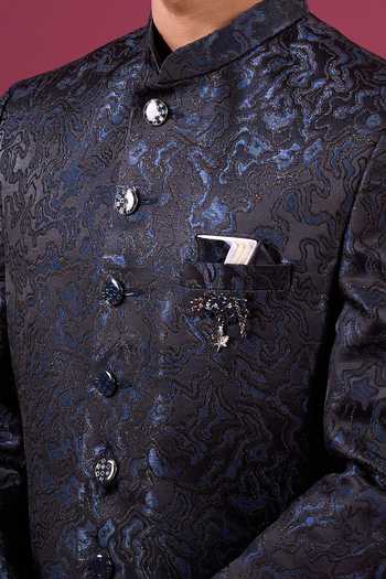 Arihant Rai Sinha_Navy Jacquard, Dupion Sherwani And Pant Set _Online_at_Aza_Fashions