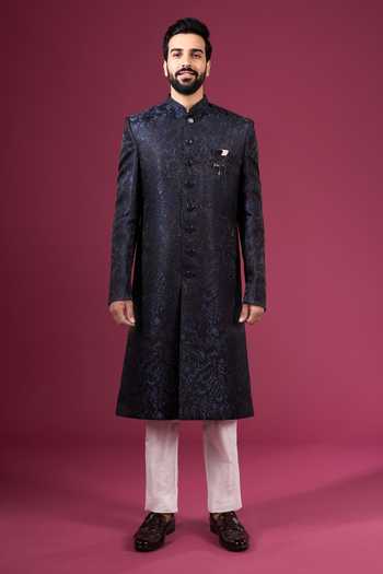 Buy_Arihant Rai Sinha_Navy Jacquard, Dupion Sherwani And Pant Set _Online_at_Aza_Fashions