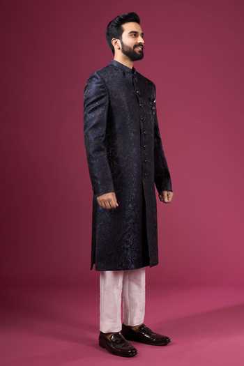 Shop_Arihant Rai Sinha_Navy Jacquard, Dupion Sherwani And Pant Set _Online_at_Aza_Fashions