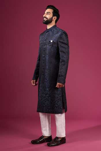 Arihant Rai Sinha_Navy Jacquard, Dupion Sherwani And Pant Set _at_Aza_Fashions