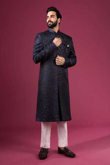 Buy_Arihant Rai Sinha_Navy Jacquard, Dupion Sherwani And Pant Set 