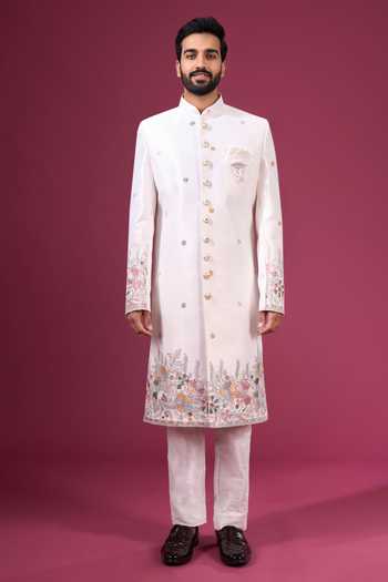 Buy_Arihant Rai Sinha_Cream Silk Embroidery, Zari Sherwani And Pant Set _Online_at_Aza_Fashions