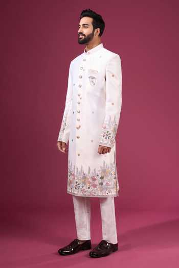 Shop_Arihant Rai Sinha_Cream Silk Embroidery, Zari Sherwani And Pant Set _Online_at_Aza_Fashions