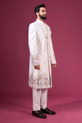 Arihant Rai Sinha_Cream Silk Embroidery, Zari Sherwani And Pant Set _at_Aza_Fashions