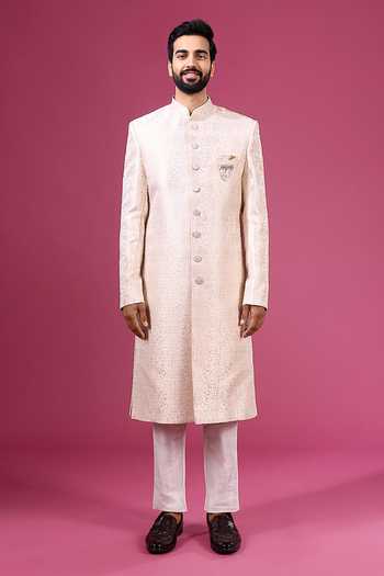 Arihant Rai Sinha_Beige Jacquard, Dupion, Silk Sherwani And Pant Set _Online_at_Aza_Fashions