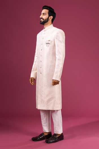 Buy_Arihant Rai Sinha_Beige Jacquard, Dupion, Silk Sherwani And Pant Set _Online_at_Aza_Fashions