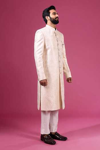 Shop_Arihant Rai Sinha_Beige Jacquard, Dupion, Silk Sherwani And Pant Set _Online_at_Aza_Fashions