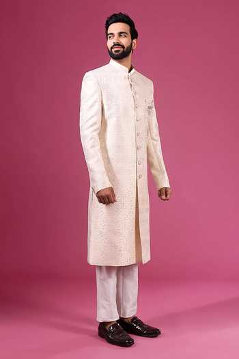 Arihant Rai Sinha_Beige Jacquard, Dupion, Silk Sherwani And Pant Set _at_Aza_Fashions