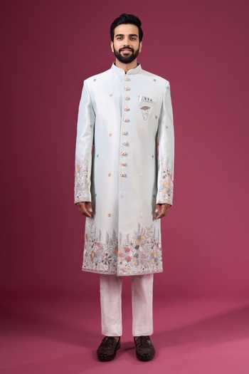 Arihant Rai Sinha_Green Jacquard, Silk, Dupion Embroidery Sherwani Jacket And Pant Set _Online_at_Aza_Fashions
