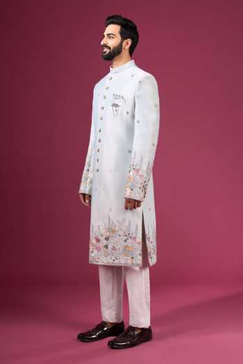 Buy_Arihant Rai Sinha_Green Jacquard, Silk, Dupion Embroidery Sherwani Jacket And Pant Set _Online_at_Aza_Fashions