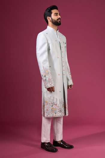 Shop_Arihant Rai Sinha_Green Jacquard, Silk, Dupion Embroidery Sherwani Jacket And Pant Set _Online_at_Aza_Fashions