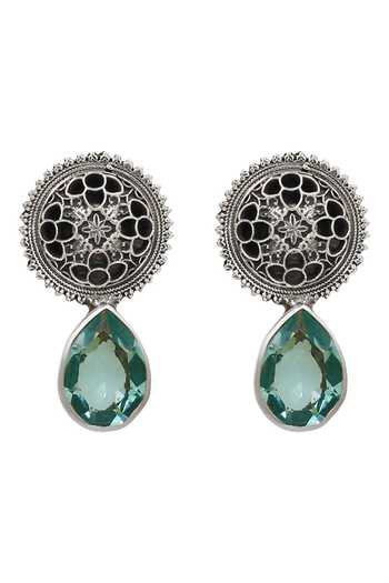 Sangeeta Boochra_Silver Plated Stones, Cut Work Aqua Drop Statement Earrings _Online_at_Aza_Fashions