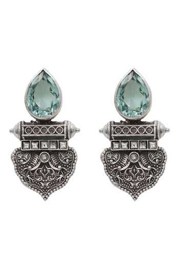Sangeeta Boochra_Green Stones Vintage Silver Statement Earrings _Online_at_Aza_Fashions