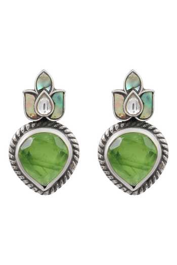 Sangeeta Boochra_Green Stones Oxidised Floral Drop Earrings _Online_at_Aza_Fashions