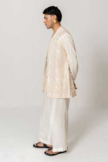 Wabi Sabi By Anshum-Ritesh Ivory Silk, Organza, Chanderi Moonlit Embroidered Jacket Pant Set Online at Aza Fashions Wabi Sabi By Anshum-Ritesh_Ivory Silk, Organza, Chanderi Moonlit Embroidered Jacket Pant Set _Online_at_Aza_Fashions