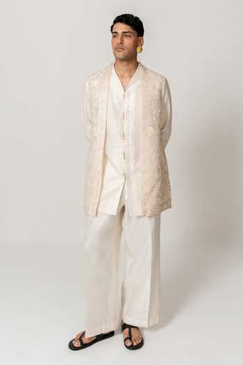 Shop Wabi Sabi By Anshum-Ritesh Ivory Silk, Organza, Chanderi Moonlit Embroidered Jacket Pant Set Online at Aza Fashions Shop_Wabi Sabi By Anshum-Ritesh_Ivory Silk, Organza, Chanderi Moonlit Embroidered Jacket Pant Set _Online_at_Aza_Fashions