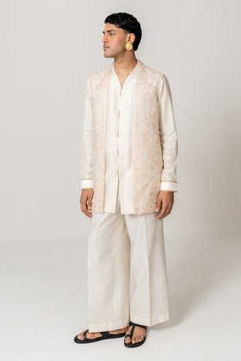 Buy Wabi Sabi By Anshum-Ritesh Ivory Silk, Organza, Chanderi Moonlit Embroidered Jacket Pant Set Buy_Wabi Sabi By Anshum-Ritesh_Ivory Silk, Organza, Chanderi Moonlit Embroidered Jacket Pant Set