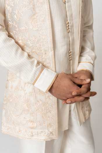 Shop Wabi Sabi By Anshum-Ritesh Ivory Silk, Organza, Chanderi Moonlit Embroidered Jacket Pant Set Shop_Wabi Sabi By Anshum-Ritesh_Ivory Silk, Organza, Chanderi Moonlit Embroidered Jacket Pant Set