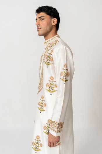 Buy_Wabi Sabi By Anshum-Ritesh_Ivory Cotton, Chanderi Genda Gulab Embroidered Kurta With Pant _Online_at_Aza_Fashions