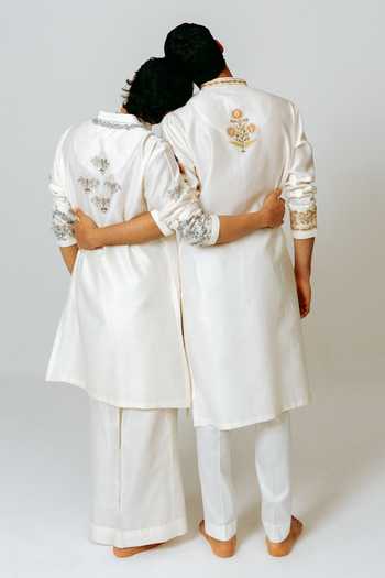 Shop_Wabi Sabi By Anshum-Ritesh_Ivory Cotton, Chanderi Genda Gulab Embroidered Kurta With Pant _Online_at_Aza_Fashions