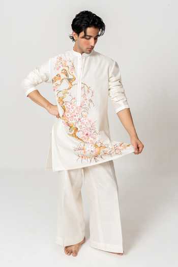 Wabi Sabi By Anshum-Ritesh_Ivory Chanderi The Blossom Birds Hand Paint Kurta With Pant _Online_at_Aza_Fashions