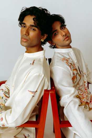 Shop_Wabi Sabi By Anshum-Ritesh_Ivory Chanderi The Blossom Birds Hand Paint Kurta With Pant _Online_at_Aza_Fashions