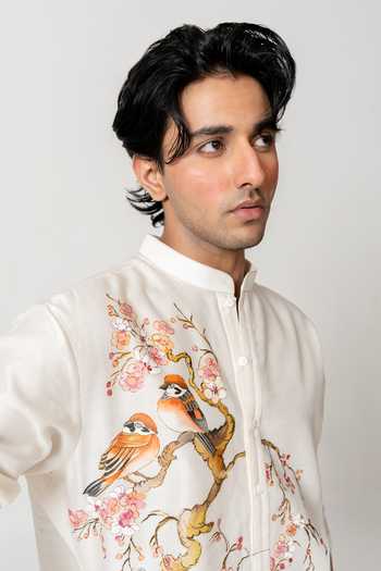 Wabi Sabi By Anshum-Ritesh_Ivory Chanderi The Blossom Birds Hand Paint Kurta With Pant _at_Aza_Fashions