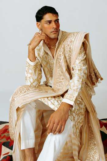 Shop_Wabi Sabi By Anshum-Ritesh_Ivory Cotton, Chanderi Gilded Lattice Embroidered Kurta With Pant _Online_at_Aza_Fashions