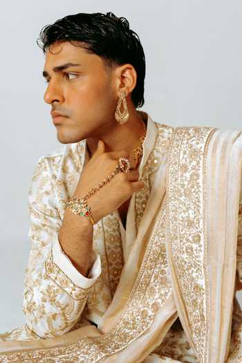 Shop_Wabi Sabi By Anshum-Ritesh_Ivory Cotton, Chanderi Gilded Lattice Embroidered Kurta With Pant 