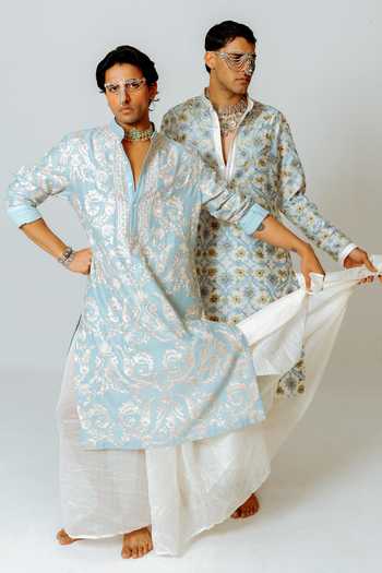 Shop_Wabi Sabi By Anshum-Ritesh_Ivory Cotton, Chanderi Willow Bloom Embroidered Kurta With Pant _Online_at_Aza_Fashions