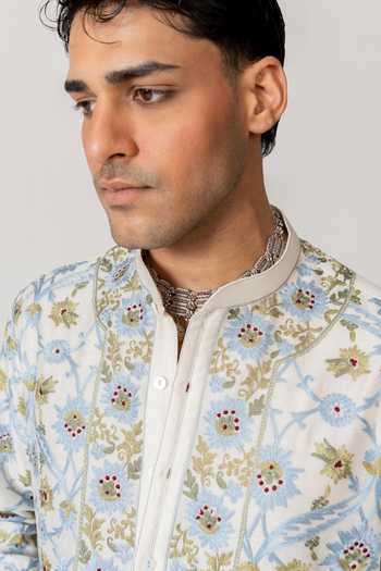 Shop_Wabi Sabi By Anshum-Ritesh_Ivory Cotton, Chanderi Willow Bloom Embroidered Kurta With Pant 