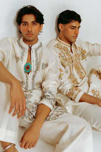 Buy_Wabi Sabi By Anshum-Ritesh_Ivory Chanderi Phool Jaali Embroidered Kurta With Pant _Online_at_Aza_Fashions
