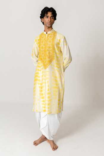 Wabi Sabi By Anshum-Ritesh_Yellow Cotton, Chanderi Dyed Garland Embroidered Kurta With Dhoti Pant _Online_at_Aza_Fashions